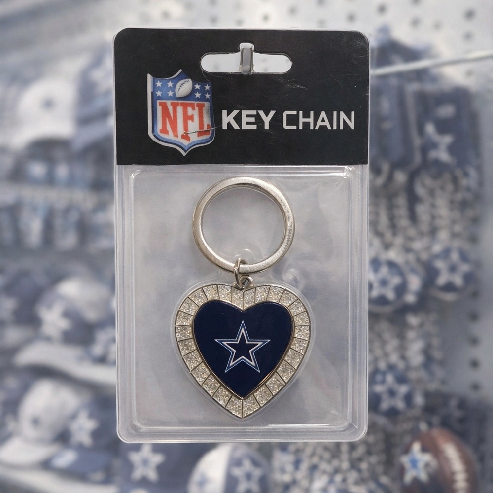 NFL Dallas Cowboys Heart Keychain Rhinestone Navy Blue Star Logo Silver Tone NEW